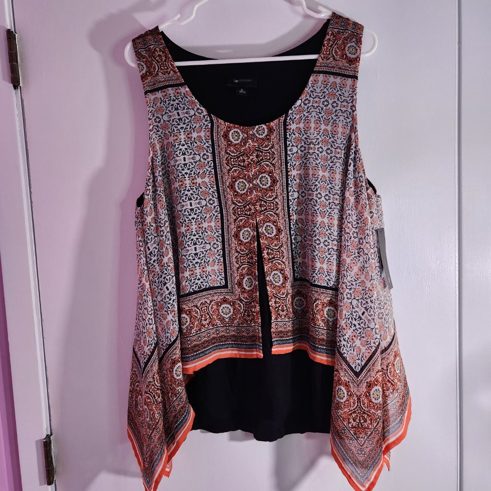 AB Studios sleeveless split handkerchief style blouse in black and orange NWT